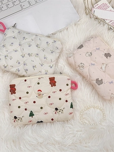 Quilted mini cosmetic bags with cute cartoon patterns and secure metal zippers
