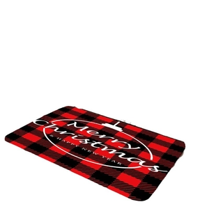 Paillasson de Noël en flanelle à carreaux rouges et noirs avec vœux Joyeux Noël