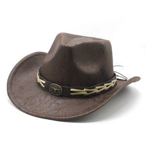 Chapeau de cowboy western vintage en daim marron avec boucle en métal à tête de taureau