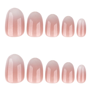 Short round gradient press-on nails with shimmering pearlescent white and pink finish