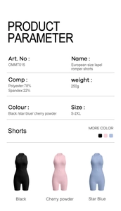 Size chart and fabric details of collared athletic romper shorts with material specs