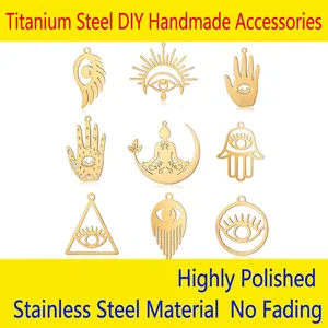 Gold stainless steel mystical charms set featuring evil eye and lotus flower for DIY necklaces