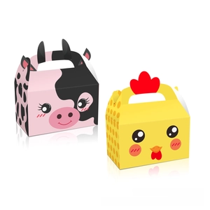 Detail of farm animal themed gift boxes featuring cow and chicken paper handle bags