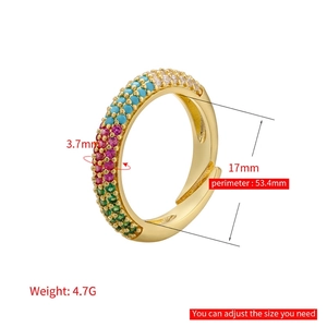 Adjustable gold ring with colorful cubic zirconia stones and 3.7mm width specifications