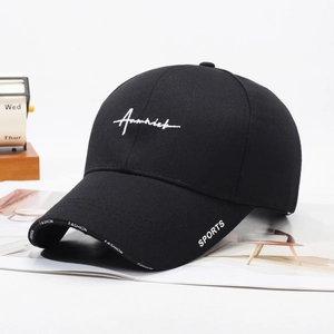 Classic black cotton baseball cap with white script embroidery and sporty visor details
