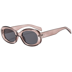 Retro oval sunglasses in transparent brown frame with dark grey lenses on white background
