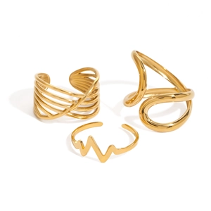 Three-piece gold plated stainless steel ring set with geometric wave and hollow designs