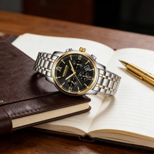 Close-up detail of an elegant men's stainless steel watch on a leather notebook.
