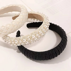 Three-piece vintage headband set with pearls and beaded details in black and white