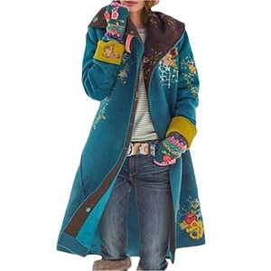 Teal blue long wool coat for women with colorful floral embroidery on the front