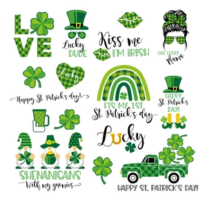 St. Patrick's Day window stickers featuring gnomes, shamrocks and plaid patterns on white