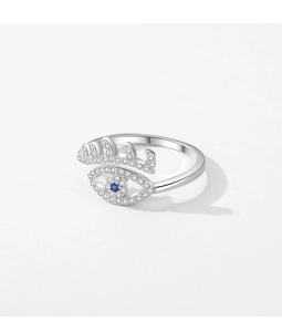 Detailed close-up of S925 sterling silver evil eye ring with blue crystal and micro pave