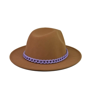 Close-up of camel wool fedora hat featuring a stylish purple thick chain band detail