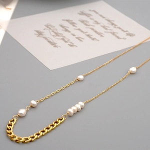 Asymmetric long sweater necklace with freshwater pearls and golden titanium steel chain