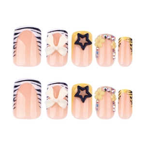 French zebra print press-on nails with 3D bows and floral rhinestones set