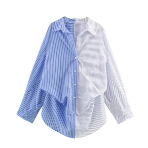 Women's oversized striped patchwork shirt with crisp lapels and long sleeves on white backdrop