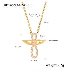 Detailansicht der Engelsflügel-Halskette mit Maßen, 42cm Kette und Zirkonia-Einlage