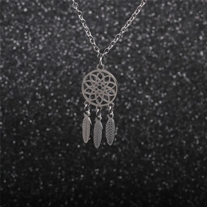 Silver stainless steel dreamcatcher pendant necklace with three metal feathers