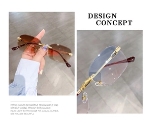 Close-up of frameless square sunglasses with rhinestone details and brown gradient lens