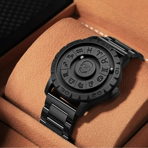 Matte black stainless steel magnetic ball watch featuring a skull and zodiac dial