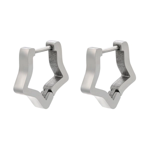 Macro view of matte silver stainless steel star shaped huggie earrings with hinged closure