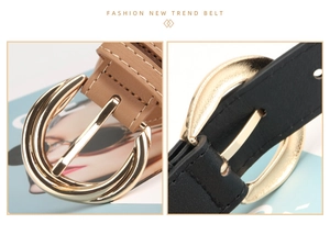 Close-up of black and brown leather belts with elegant light gold round metal buckles