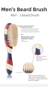 Macro detail of barber neck duster with red white blue handle and firm horsehair bristles
