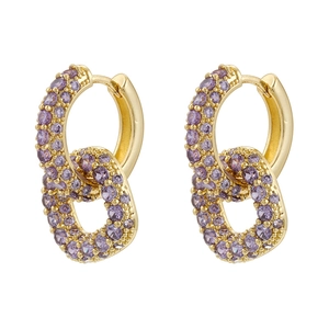 Close-up of 18K gold-plated earrings with double interlocking rings and purple zircons