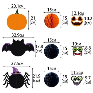 Halloween hanging paper ornaments set including pumpkin bat and spider honeycomb decorations