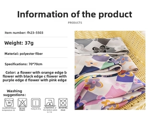 Detail view of floral silk scarf showing 70x70cm dimensions and polyester material info