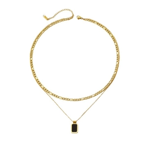 Double-layered stainless steel necklace with black rectangular pendant and Figaro chain