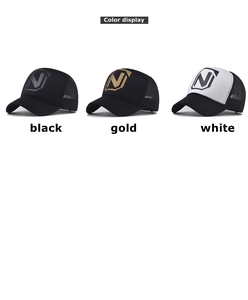 Three trucker hats in black, gold, and white variants with 3D letter N and mesh panels