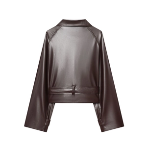 Back view of a dark brown short faux leather jacket with double-breasted belt detail
