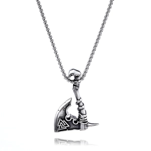 Vintage silver Viking battle axe pendant with Valknut symbols on stainless steel chain