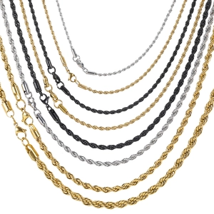 Hip hop rope chains in gold, silver, and black stainless steel with lobster clasps