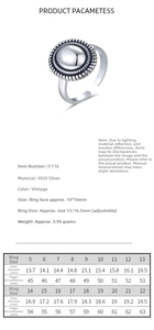 Size chart for 925 sterling silver minimalist ring showing inner diameter and circumference