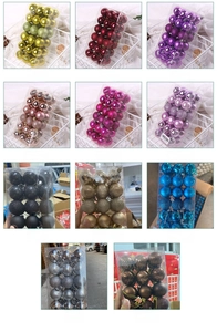Detailed grid view of 24-piece Christmas baubles in mixed colors and diverse finishes