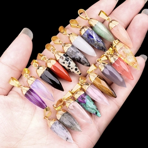 Natural Semi Precious Stone Bullet Pendant Hexagonal Pointed Crystal Chili Shape Gold Plated Alloy Cap Necklace Findings
