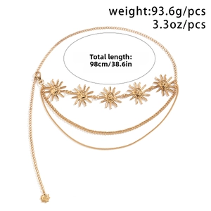 Detail of gold multi-layer sun pendant waist chain showing 98cm length and 93.6g weight