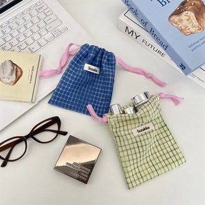 Blue and yellow plaid drawstring storage pouch set for cosmetics and accessories