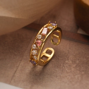 Elegant 18K gold plated open ring featuring multi-color zircon stones and pearls