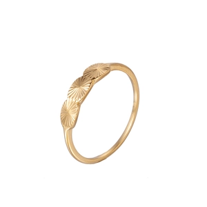 Detail view of gold ring with three radial sunburst patterns and sleek metal finish