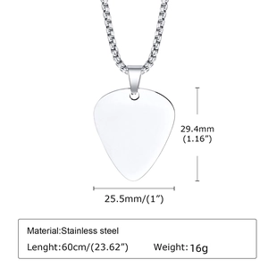 Detailed specs of stainless steel guitar pick pendant necklace with 60cm chain dimensions