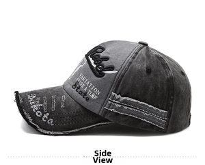 Side view of washed grey baseball cap with Rebel embroidery and distressed details