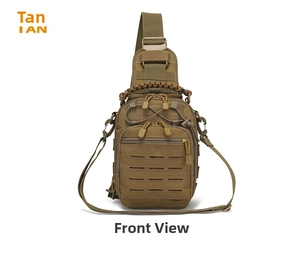 Detail view of tan tactical laser-cut MOLLE sling bag with durable nylon and paracord handle