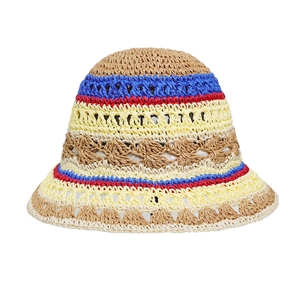 Handmade crochet bucket hat with colorful floral knit pattern for women on white background