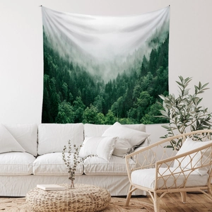 Detail of high-definition mist forest print tapestry in a modern minimalist living room
