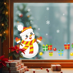 Christmas window stickers with cartoon snowman, gift boxes and snowflakes for holiday decor