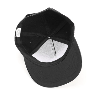 Internal view of black hip hop snapback hat featuring 100% acrylic material and stitching