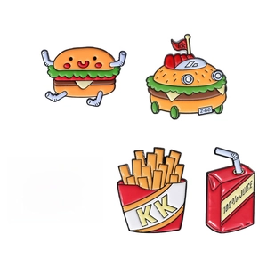 Cartoon fast food enamel pin set featuring burger, fries and cake with witty slogans